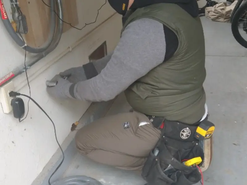 Electrician performing outlet wiring in a Foxborough garage